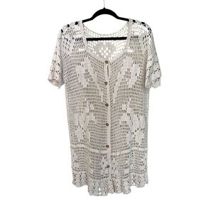 Crochet Knit Boho Button Front Swimwear Coverup Cardigan Cream